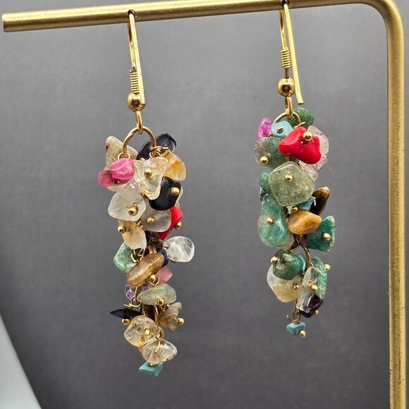 VTG Multi-Gemstone Beaded Dangle Earrings 2.25" Gold-Tone Hooks - Picture 1 of 6
